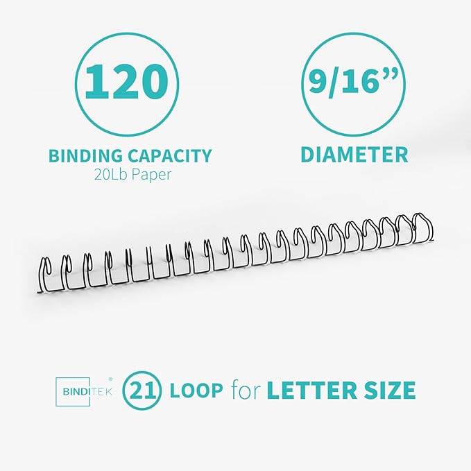 Binditek 50 Pack Double Loop Wire Binding Spines, 9/16 Inch Binding Wire for Letter Size, 2:1 Pitch, 120 Sheet Capacity, 21-Loop, Black, for Students and Coworkers