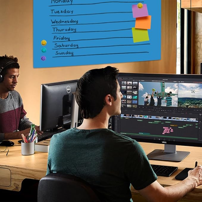 DEVELOP Large Magnetic Blue Glass Dry Erase Board, 60 x 36 Inches (150 x 90 cm), Modern Tempered Glass Whiteboard for Wall, Frameless White Board with Marker Tray, 4 Markers, 2 Magnets, 1 Eraser