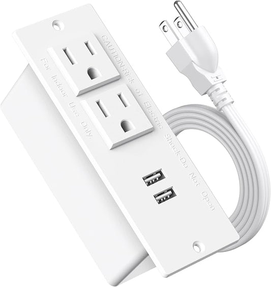 Conference Recessed Power Strip Socket 6.56Ft Cord,Desktop Power Grommet Power Strip with 2-Outlet & 2 USB Ports,Furniture Flush Mount Charging Station,Desk Outlet for Side Table or End Table(White)