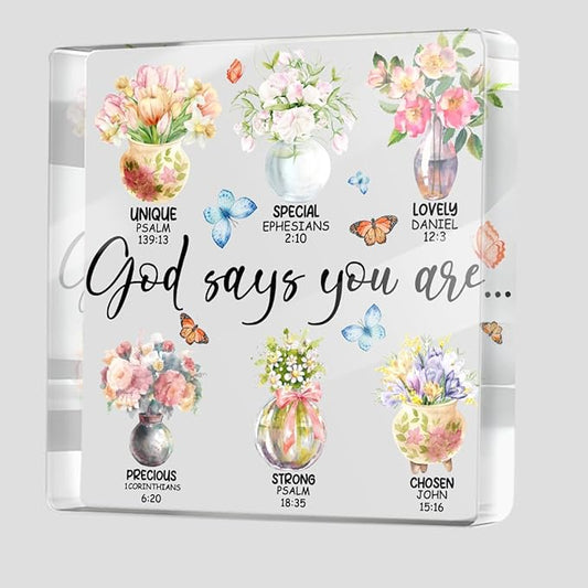 Inspirational Gifts for Women, God Says You Are, Flower Bible Verse Acrylic Sign, Bible Verse Christian Gifts, Positive Affirmation Desk Decorative Signs for Home Office Women Girsl Bedroom Decor