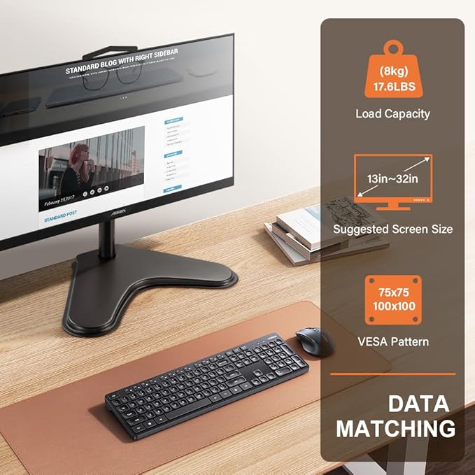 KKTONER Single Computer Monitor Stand Metal Base Free Standing Desk Vesa Mount for 13 inch to 32 inch Screen Height Adjustable Monitor Mount Full Motion Swivel Vesa 75*75mm/100*100mm Hold up 17.6Lbs