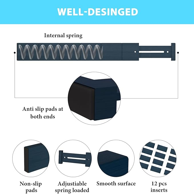 6 Pack Bamboo Drawer Dividers with 12 Inserts, Expandable Adjustable Clothes Drawer Organizers and Storage from 17" to 22" for Kitchen, Bedroom, Dresser, Cosmetics (Navy Blue)