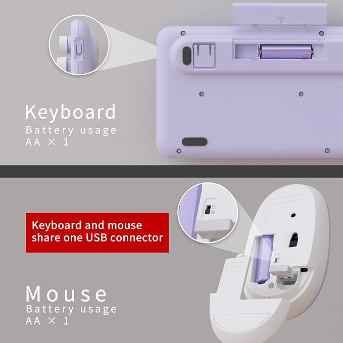 UBOTIE Colorful Computer Wireless Keyboards Mouse Combo, Typewriter Flexible Keys Office Full-Sized Keyboards, 2.4GHz Dropout-Free Connection and Optical Mouse (Purple-White)