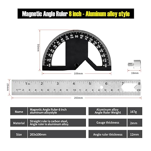 Protractor Angle Finder Stainless Steel Angle Ruler with 0-180 Degrees Adjustable Angle Square 8-Inch Woodworking Ruler for Woodworking/Carpenter/Construction/Measurement/Hobbyists