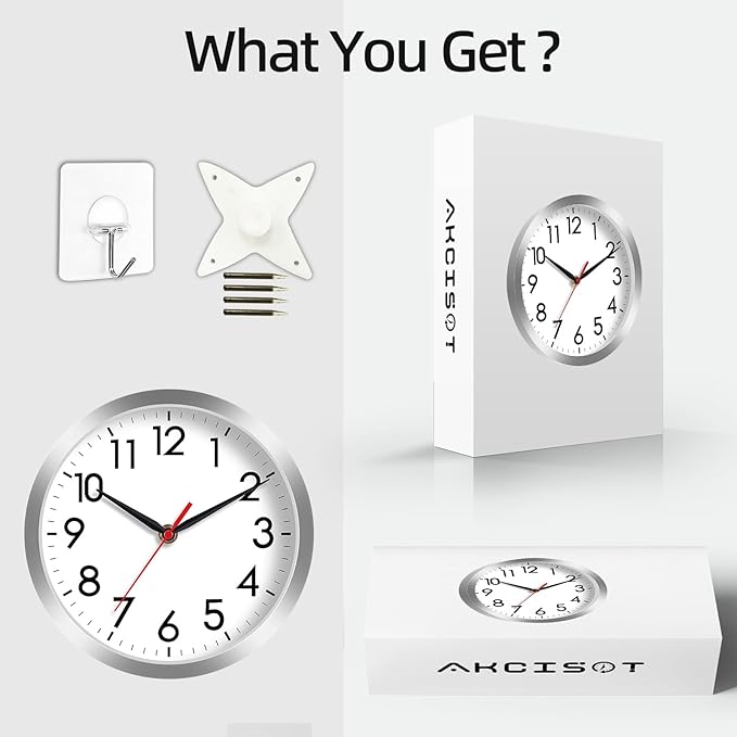 AKCISOT Wall Clock, Modern Small Wall Clocks Battery Operated 8 Inch, Silent Non-Ticking Analog Classic for Office, Home, Bathroom, Kitchen, Bedroom, School(Silver)