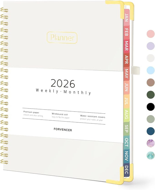 Forvencer 2026 Planner, Hardcover Calendar Planner Weekly and Monthly, January 2026 - December 2026, 6" x 8", Spiral Agenda Book with Tabs, Exquisite Daily Journal with Inner Pocket, Organizer Notebook for Office Home School, A5 Size, Beige