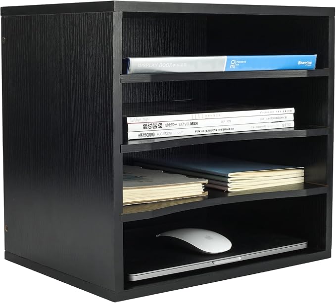PAG Mail Sorter Organizer, Wood Countertop Literature Organizer, Office Supplies Desktop File Bill Paper Organizer for Office Home School, 4 Compartments, Black