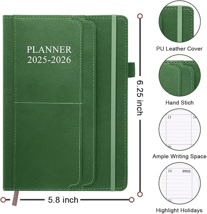 Planner 2025-2026 - 18 Months Academic Planner 5.8" x 8.5", 2025-2026 Weekly & Monthly Agenda with Pen Holder, Vegan Leather Hard Cover, Green