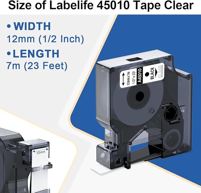 Replace for DYMO D1 Label Tape Clear 45010 S0720500 Label Maker Tape Refills Black on Clear 1/2 Inch x 23Ft Compatible with Dymo Labelmanager 160 280 210D 360D 420P Label Maker, 5-Pack