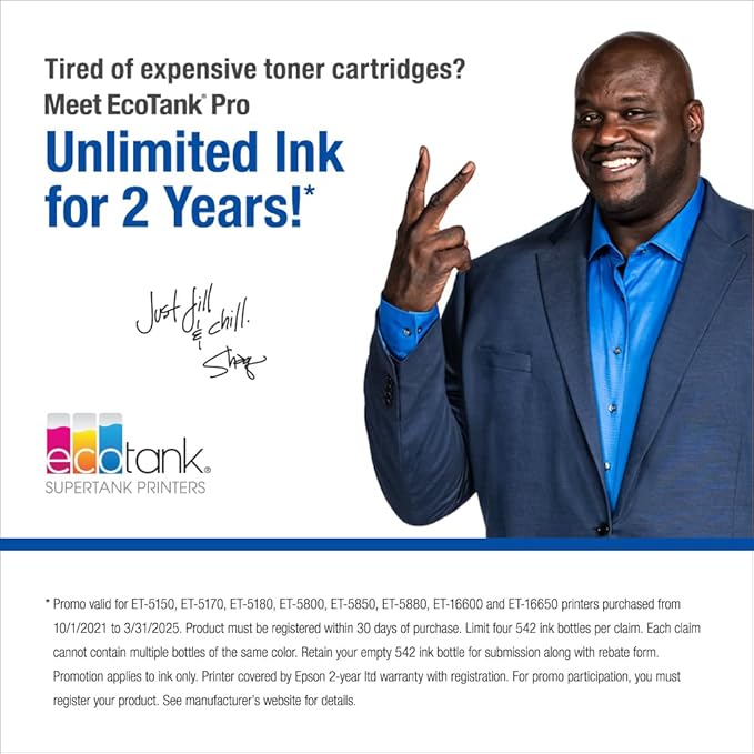 Epson EcoTank Pro ET-5150 Wireless Color All-in-One Supertank Printer with Scanner, Copier, Plus Auto Document Feeder, Large, White