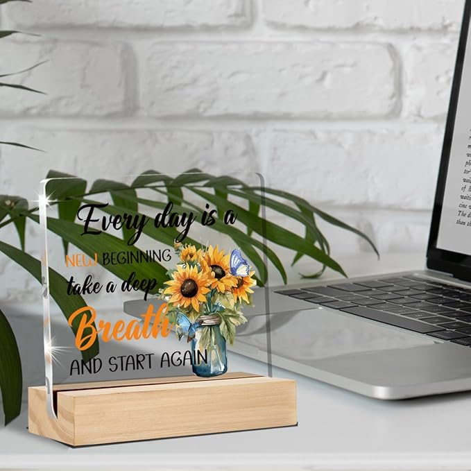 Inspirational Gifts for Women Men Sunflower Home Decor Positive Quotes Classroom Office Desk Decorative Signs Plaques 4 x 4 Inches acrylic