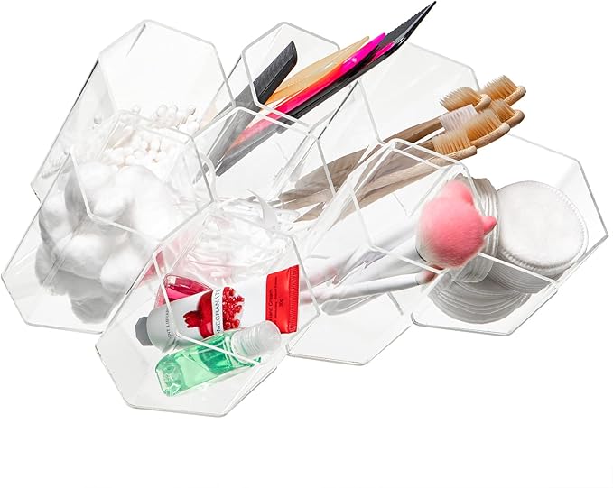 Jetec 12 Pieces Acrylic Office Desk Organizer, Hexagonal Transparent Clear Wall-Mounted Stationery Storage Box, Pencil Organizer Desktop for School Office Supplies