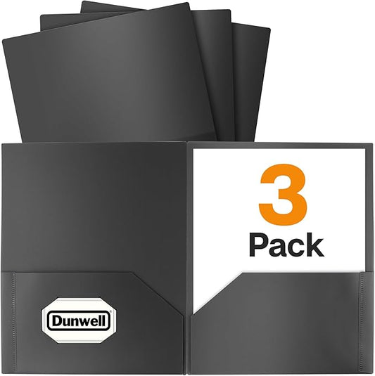 Dunwell Plastic Folders with Pockets (Black, 3 Pack), 2 Pocket Poly Folders for School, Home or Office, Durable Acid-Free Poly, Includes Removable Adhesive Labels