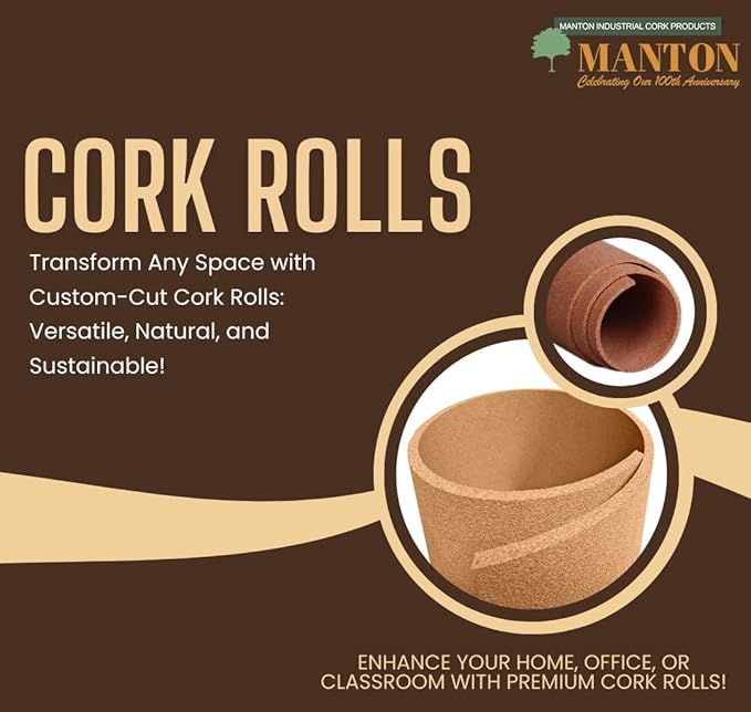 Manton Cork Premium Cork Roll - 4' x 9' x 1/2", 100% Natural Facing Grade Material for Bulletin Boards, Decorative Photo and Message Push Pin Displays - Perfect for Home, School, and Office
