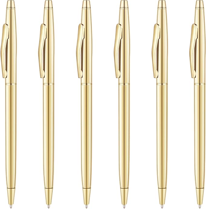 Unibene 6 Pack Slim Gold Ballpoint Pens Black Ink 1 mm - Black Ink, Nice Gift for Business Office Students Teachers Wedding Guest