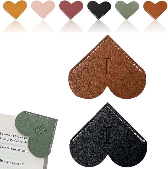 Personalized Leather Heart Bookmark, 26 Letters Customized Corner Book Mark for Reading Women, Book Marker with Initials，Cute Gifts (Black+Dark Brown, I)