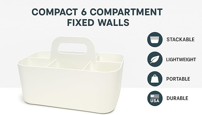 2 Pack Small 6 Compartment Multiuse Caddy Organizer with Handle Art Craft Supplies, Office, Desk, Stationery Pen Holder Stackable- Made In USA (Mint/Ivory)