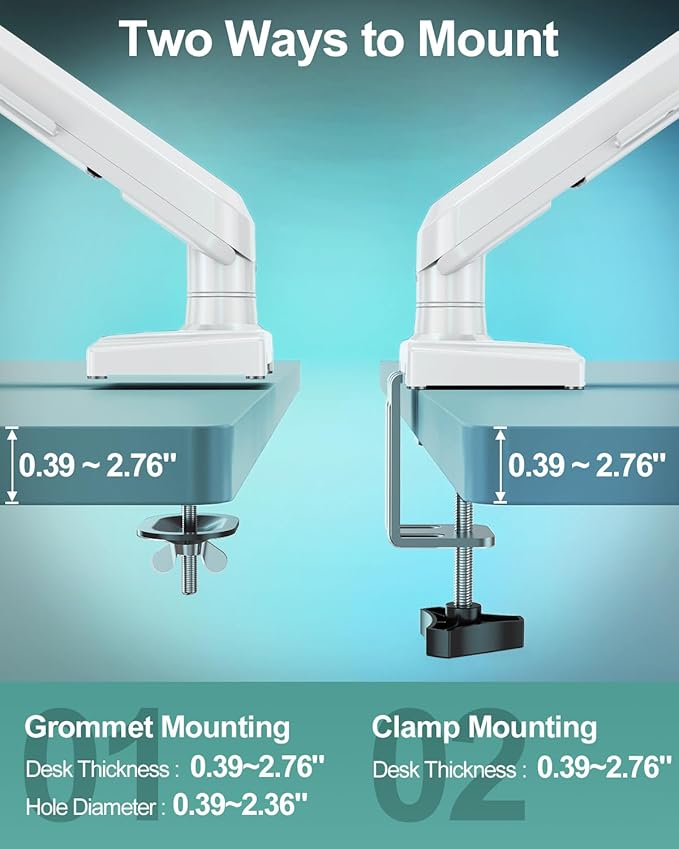Dual Monitor Mount for 2 Monitors up to 32 inches, Height Adjustable Gas Spring Double Monitor Stand, Two Display Desk Mount Holder, Each Monitor Arm Holds Max 22lbs, VESA Mount, White, Freelift Pro