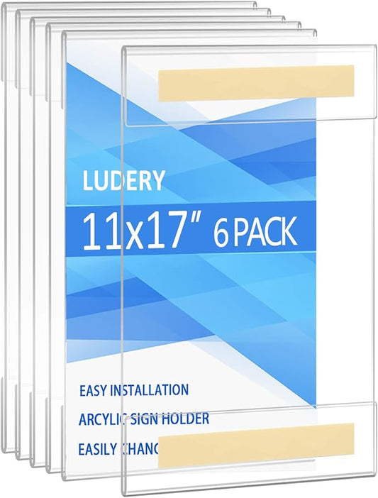Acrylic Sign Holder 11 x 17 inches Vertical Wall Mount Sign Holders Clear Acrylic Frame with 3M Tape Adhesive Clear Poster Frames Plastic Sign Holder for Office, Home, Restaurant-No Drilling(6 Pack)