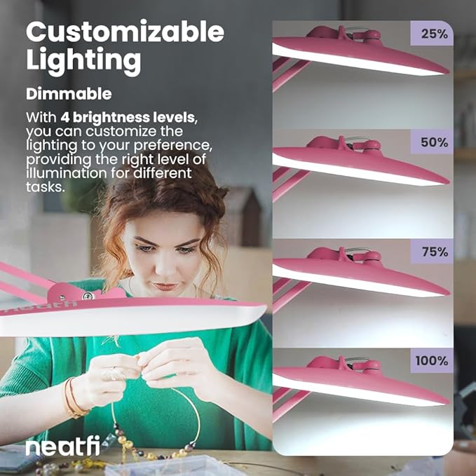 Neatfi XL 2,200 Lumens LED Desk Lamp with Clamp, 24 Watt Bright Architect Task Lamp, 20 Inches Dimmable Computer Light, Adjustable Desk Light for Home, Office, Crafts, Nails & Hobbies (Non-CCT, Pink)