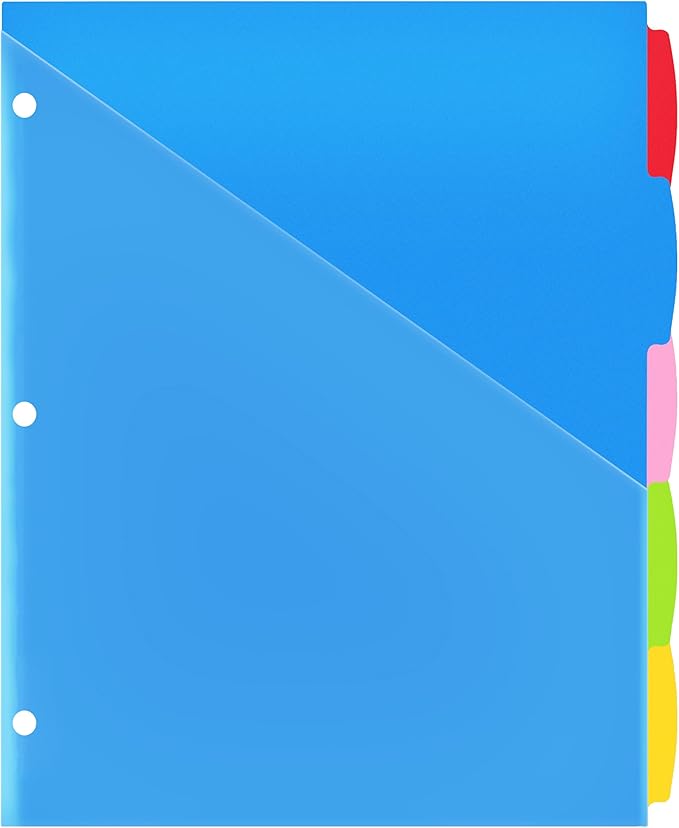 Plastic 5-Tab Dividers with Clear Front Pockets -1 Set, Pocket Dividers for 3-Ring Binders, Multi-Color Binder Dividers