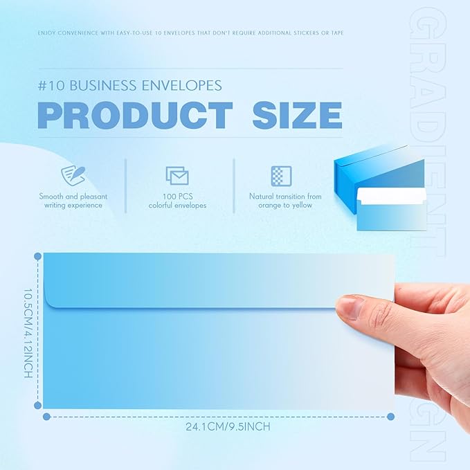 100 Pcs #10 Business Envelopes Colorful Self Adhesive Standard Envelopes Gradient for Office Check Invoices Letters Letterhead Invitations Announcements 4-1/8 x 9-1/2''(Gradient Blue)