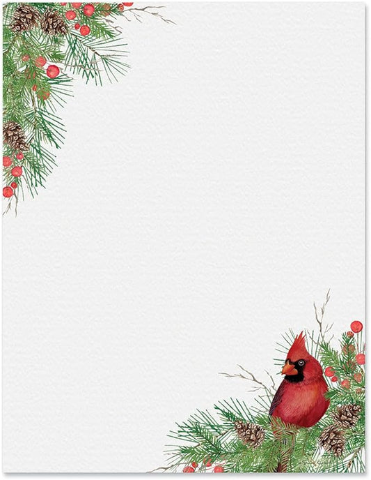 Pine Cardinals Holiday Letter Paper - Set of 25 Christmas stationery papers are 8 1/2" x 11", compatible computer paper