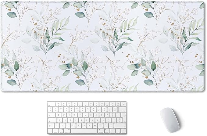 SSOIU Large Mouse Pad, Cute Floral Desk Mat for Desktop, Women Girls Waterproof Gaming Mousepad, Eucalyptus Leaves Computer PC Laptop Protector Writing Pads for School Office Home 35.5" x 15.7"