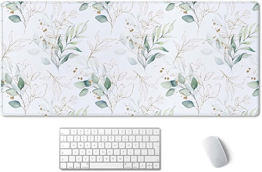 SSOIU Large Mouse Pad, Cute Floral Desk Mat for Desktop, Women Girls Waterproof Gaming Mousepad, Eucalyptus Leaves Computer PC Laptop Protector Writing Pads for School Office Home 35.5" x 15.7"