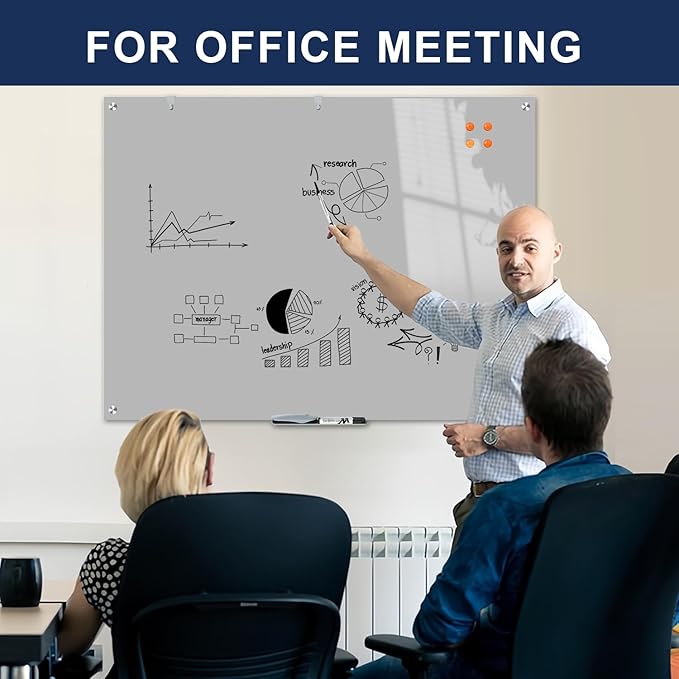 TSJ OFFICE Glass Dry-Erase Board - 48 x 36 Inches Wall Mounted Magnetic Whiteboard, Large Frameless Glass White Board for Office, Home & School, Gray