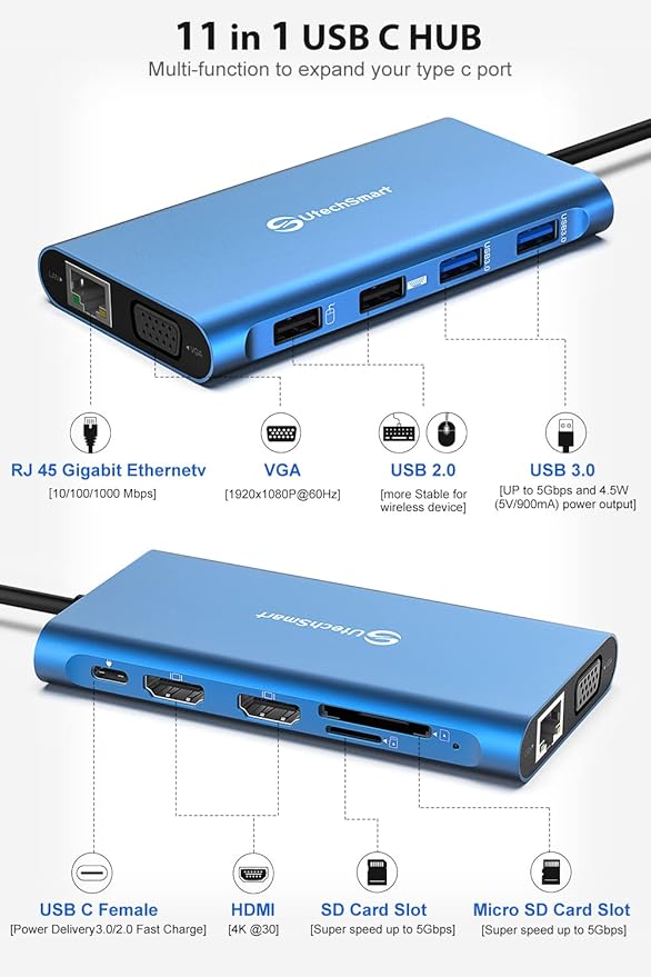 UtechSmart 11 in 1 Docking Station, Triple Monitors USBC Laptop Docking Station with 2 HDMI, VGA, PD3.0, SD TF Card Slot, 4 USB Ports USB-C Adapter Compatible for MacBook & Windows(Blue)