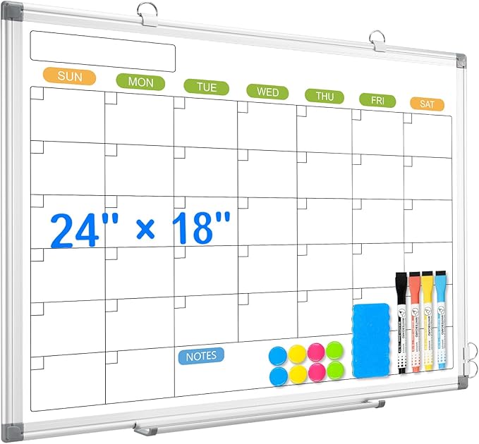 Dry Erase Calendar Whiteboard for Wall, 24" x 18" Magnetic Monthly White Board Calendar, Hanging Double-Sided White Board for Planning, Memo, School, Home, Office