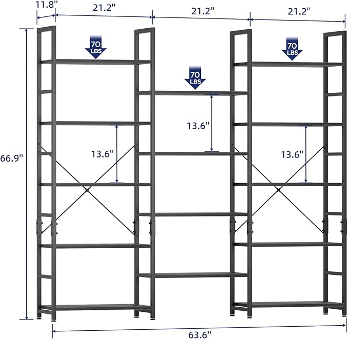 NUMENN Triple 5 Tier Bookshelf, Wide Book Shelf with 14 Open Display Shelves, Modern Tall Bookcase Furniture for Living Room Home Office, Black