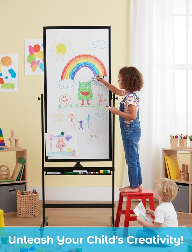 40" x 28" Double-Sided Mobile Whiteboard with Wheels | Rolling Magnetic Dry Erase Board on Stand | Adjustable Height Black Frame White Board for Office, Classroom & Home