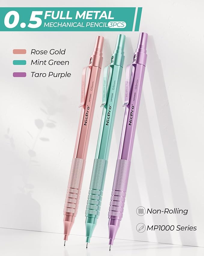 Nicpro 0.5 mm Metal Mechanical Pencil Set, 3PCS MP1000 Artist Lead Pencils With 480PCS HB 2B Lead Refills, Erasers, Aesthetic School Supplies for Girls & Women Teacher Writing Drawing Sketching