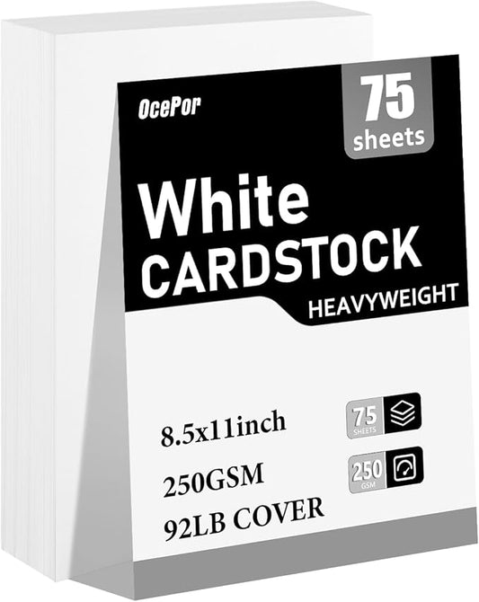 OcePor 75 Sheets White Cardstock 8.5 x 11, 92lb/250gsm Card Stock Paper, Thick Printer Cardboard Paper, Heavy Cardstock for Invitation, Resume, Certificate, Business Cards, Office