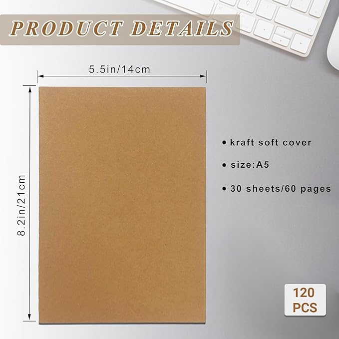 120 Pack Kraft Paper Notebook Journals A5 Journal Softcover Ruled Lined Journals Notebooks Bulk for Adult Students Writing Sketch Travel Journal School Office Supplies