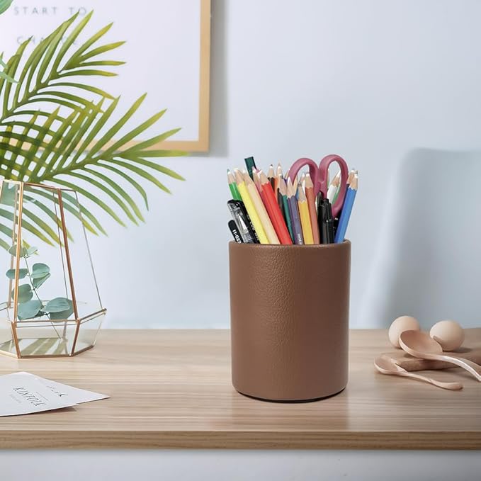 Pen Holder for Desk Pencil Organizer Cute Cup Holders Aesthetic (Brown, 3.94" x3.15" x3.15")