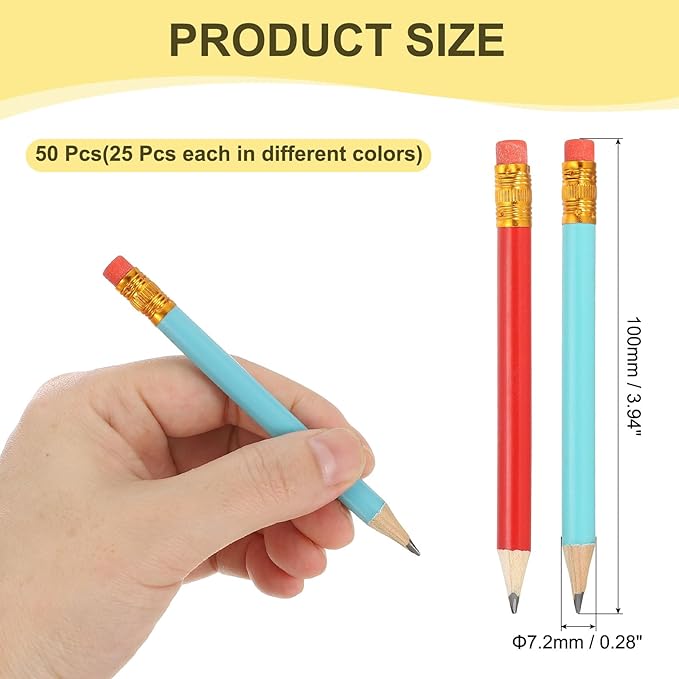MECCANIXITY Golf Pencils with Erasers, 4" HB Mini Half Pencils Pre Sharpened Small Pens for Wedding Bridal Shower Game Office Writing Drawing(Blue/Red, Pack of 50)