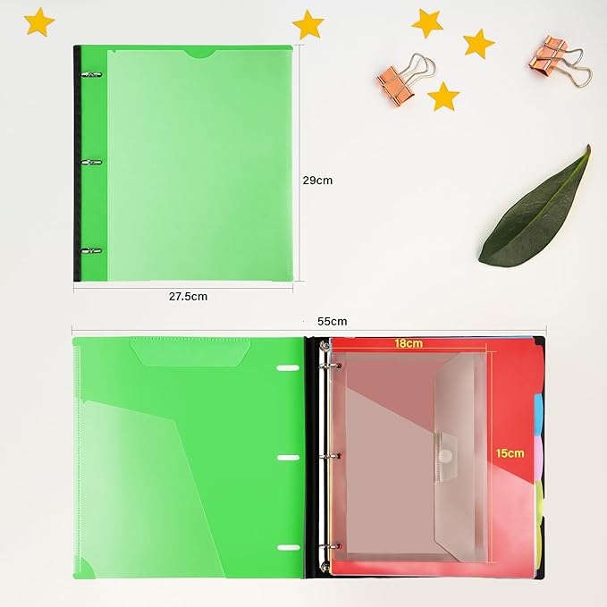 WOT I Telescoping Project Organizer 2-Pack, Refillable Binder with Dividers and Pockets, 13 Pocket Folders, 1 Inch 3 Ring Binder, Green