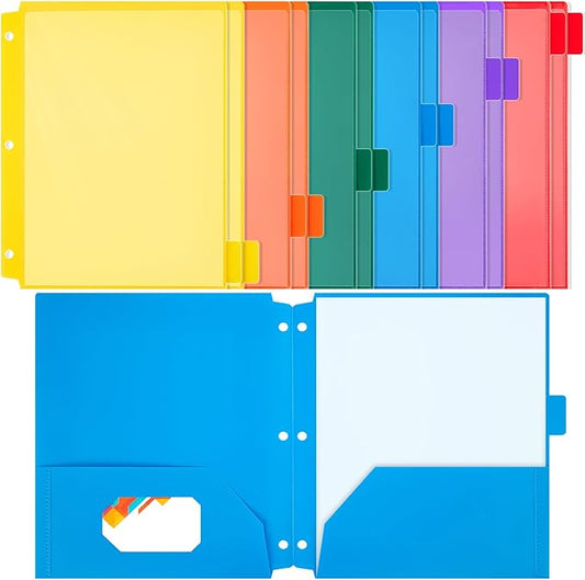 Honoson 12 Pcs Plastic Folders with Clear Front Pocket 3 Hole Punched Folders for 3 Ring Binder 1/6 Cut Tabs for Office Classroom (Bright Colors)