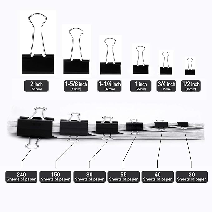 Medium Binder Clips, 144 Pack, 1-1/4 Inch, Black, Standard 32mm, Capacity 0.6 Inch, Metal Paper Clips, Office Clips, Fold Clamp, Office and School Supplies