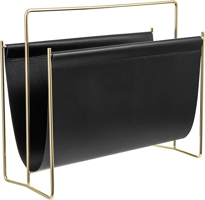 MyGift 15-Inch Modern Black Leatherette & Brass Plated Metal Magazine Holder – Floor Standing Faux Leather Sling Style Newspaper Rack for Home, Bathroom, Office Decor