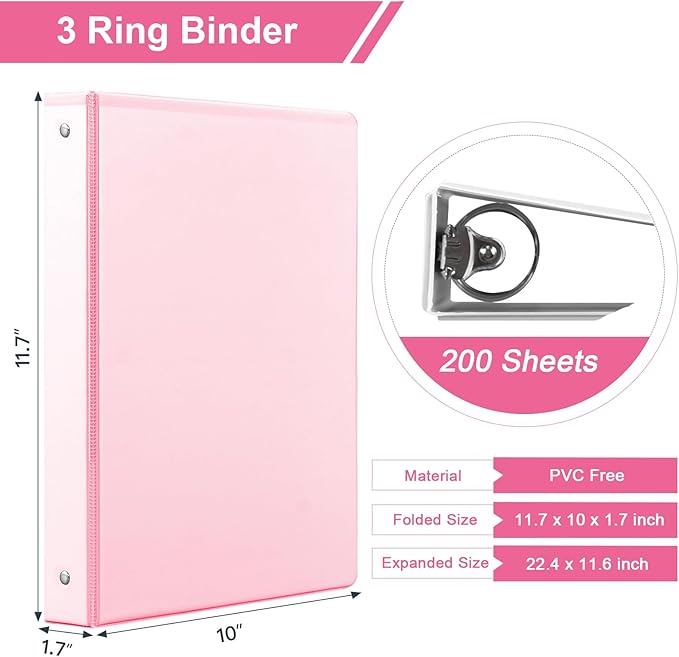 1-inch 3 Ring Binder with 2 Interior Pockets, 1'' Basic Binders Holds US Letter Size 8.5'' x 11'' Paper - Versatile Binders for Office, Home, and School Use, 6 Pack (Pink)