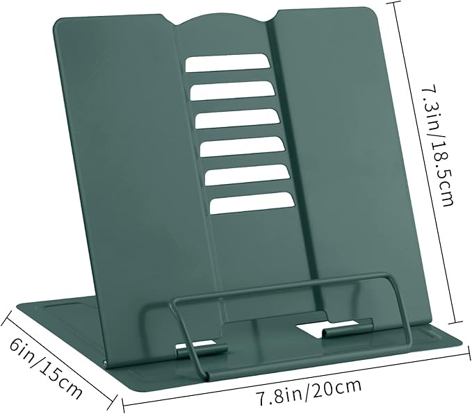 MSDADA Desk Book Stand, Metal Reading Book Stand Adjustable Cookbook Holder for Textbooks Recipes Music Books Tablet-with Page Clips(Morandi Green)