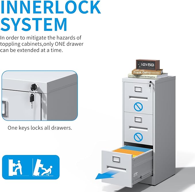 3 Drawer File Cabinet with Lock, Metal Vertical Filing Storage Cabinet for Home Office, Locking Vertical File Cabinets for A4 Legal/Letter Folders, Silent Sliding Drawers, Easy Assemble (White)