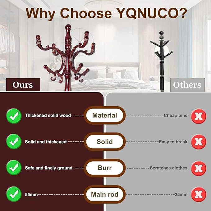 Solid Wood Coat Rack – 73" Freestanding Coat Racks Stand with 14 Hooks & Stable Round Base, Adjustable Height Modern Wooden Hall Tree for Entryway, Bedroom, Office, Home (Mahogany Round)