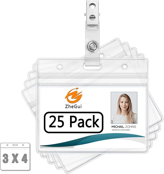 Clear Plastic Horizontal Name Tag Holders and Metal Badge Clips with Vinyl Straps Waterproof PVC ID Card Badge Holder 3x4 Inch(25 Pack, Horizontal Large 3x4)