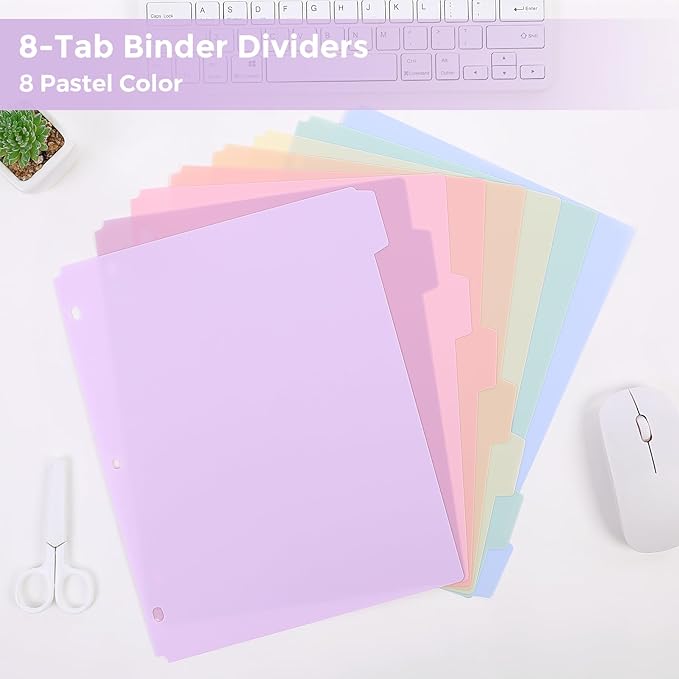 SKYDUE Durable Plastic 8-Tab Dividers, Big Tab Dividers for 3 Ring Binder, Write & Erase 3 Ring Binder Dividers with Tabs, with Sticker Labels, 1 Set, Pastel Color (Purple)