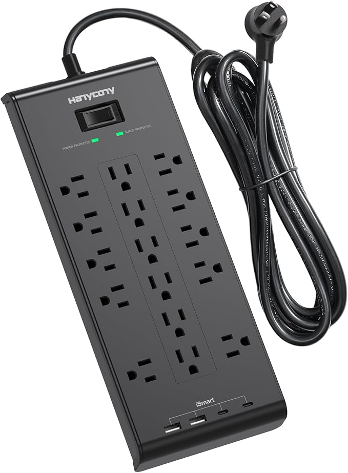 Surge Protector Power Strip, HANYCONY 5 Ft Flat Plug Heavy Duty Extension Cord with 16 Outlets 4 USB Ports(2 USB C), 2700 Joules, Wall Mount for Home Office, ETL Listed, Black